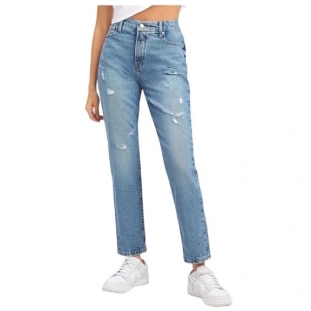 Good American Good Classic Blue Jeans Size 0 25 Straight Leg Distressed Stretch
